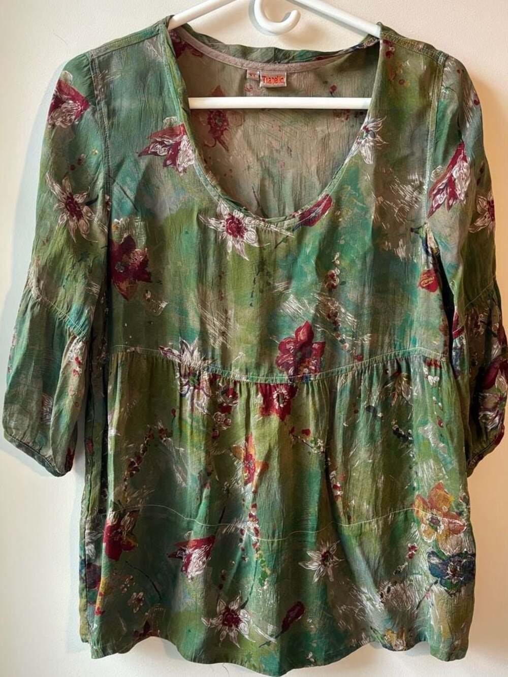 Tianello Floral Print Garment Dyed Rayon Babydoll Top Size XS
